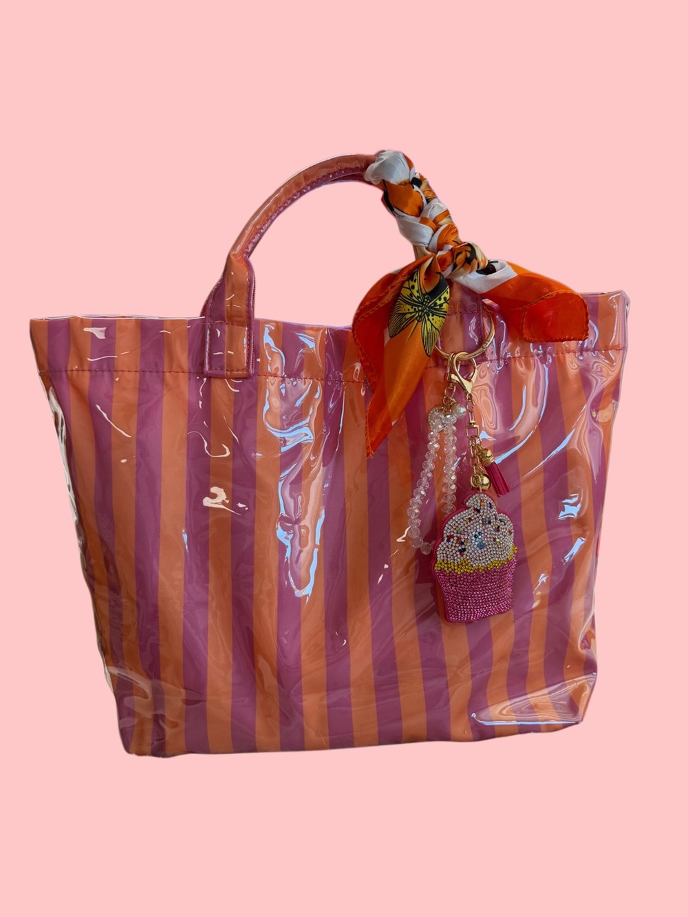 Striped Pink and Orange Tote Bag with Scarf Accent